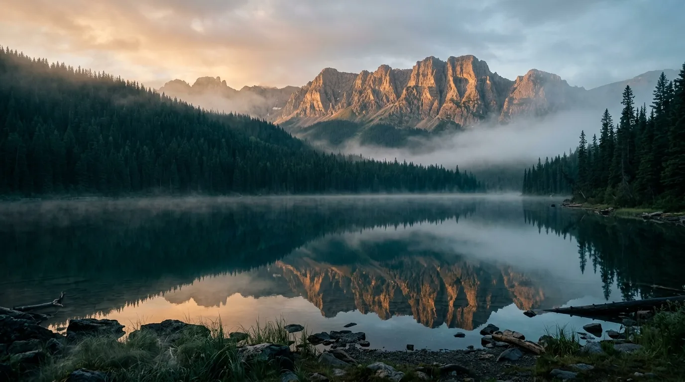 Calm mountain lake with forested shoreline and rocky peaks behind, Rock Lake, Alberta