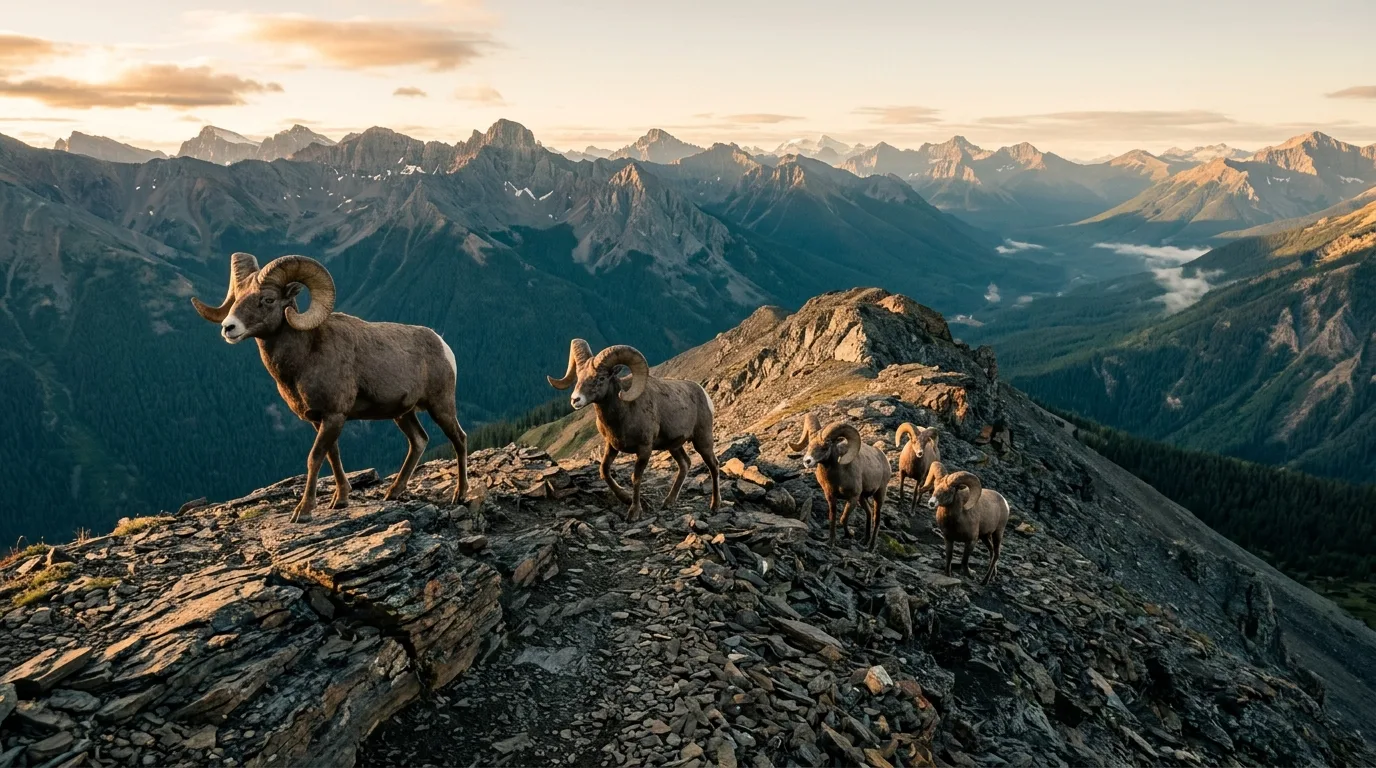 Bighorn sheep rams on a rocky ridge above a deep river valley in the Willmore front ranges
