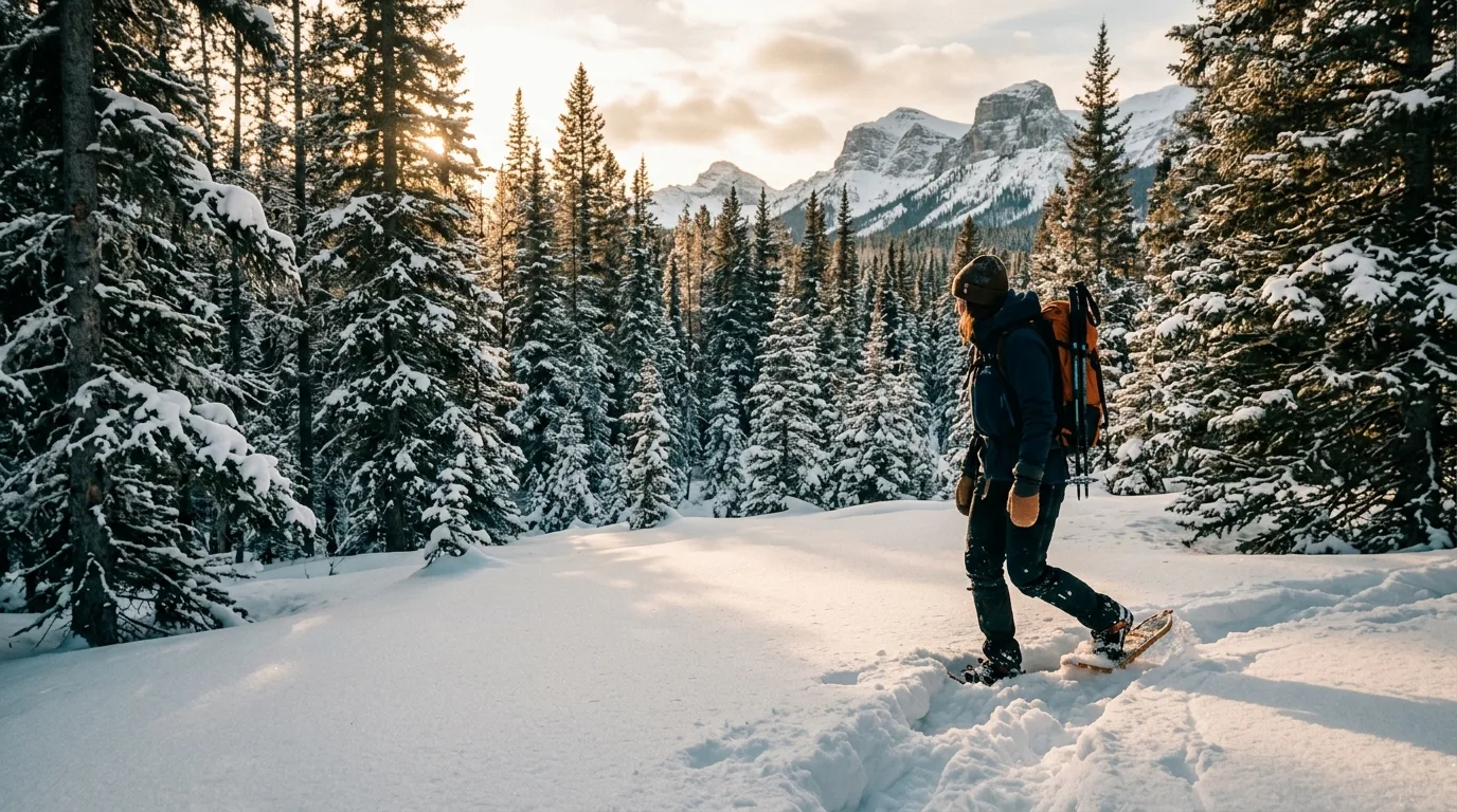 Ski tourer breaking trail through deep snow in silent spruce forest below wilderness peaks near Grande Cache