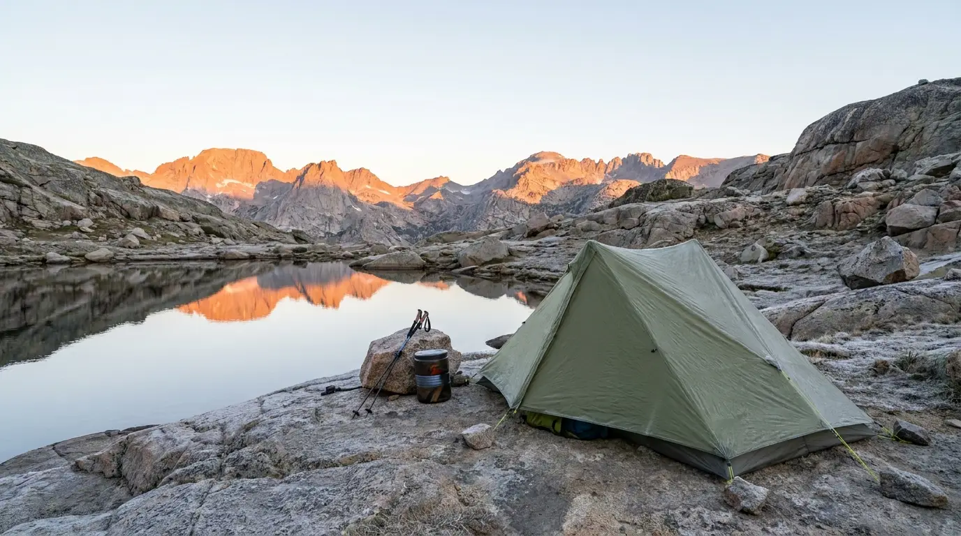 A single lightweight backpacking tent pitched on a granite bench beside a clear tarn well above treeline, a bear canister and trekking poles beside it, dawn alpenglow on granite peaks behind, no campfire, Bridger Wilderness Wind River Range Wyoming, ultrarealistic photograph representative of the region