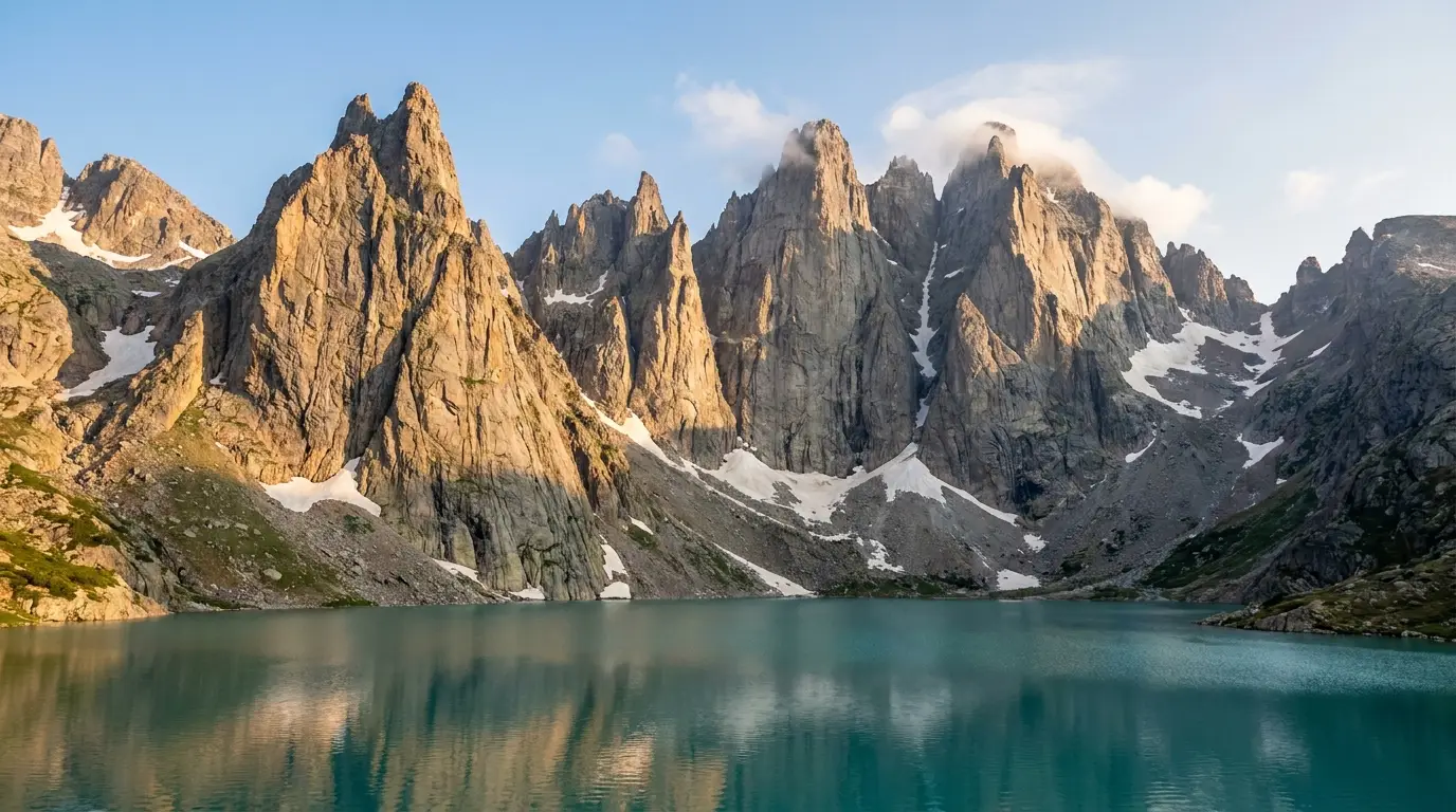 A ring of jagged granite spires and towers rising more than two thousand feet above a small clear alpine lake in the foreground, late-afternoon warm light raking across the vertical rock, scattered snow patches, Cirque of the Towers over Lonesome Lake Popo Agie Wilderness Wyoming, ultrarealistic photograph representative of the region