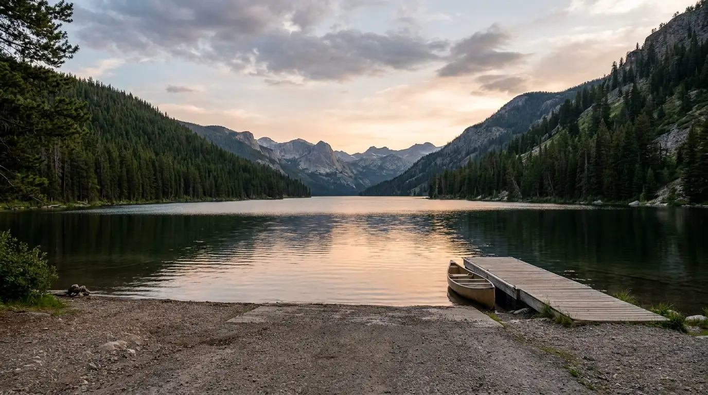 A long deep fjord-like natural lake stretching back toward forested ridges and distant granite peaks, a gravel launch and a small boat dock in the foreground, calm evening light, Fremont Lake near Pinedale Wyoming, ultrarealistic photograph representative of the region