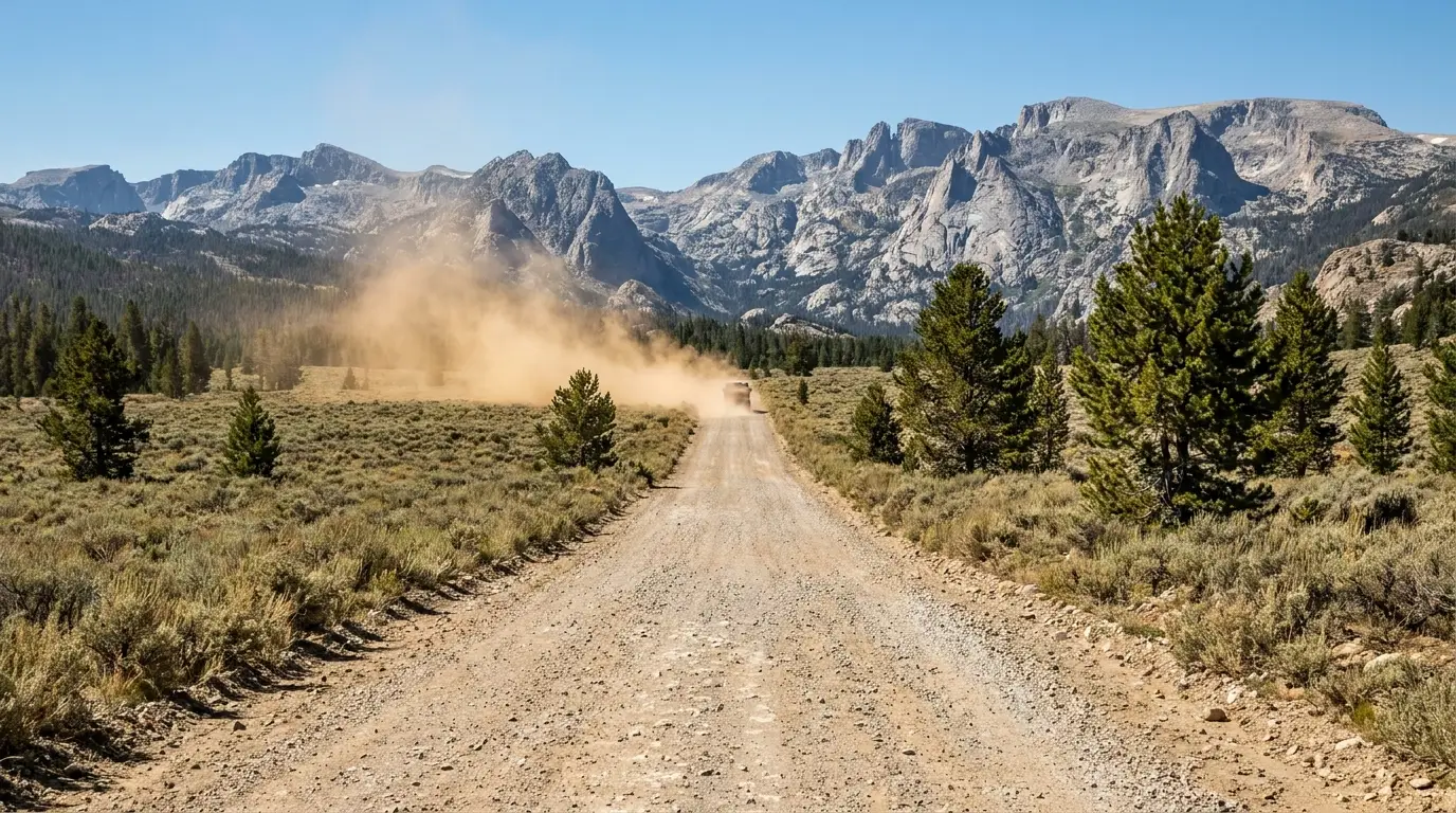 A long straight dirt-and-gravel forest road cutting through sagebrush and lodgepole pine toward a distant wall of grey granite peaks, a dust plume trailing behind an unseen vehicle, hard midday mountain light, remote Wind River Range approach road Wyoming, ultrarealistic photograph representative of the region