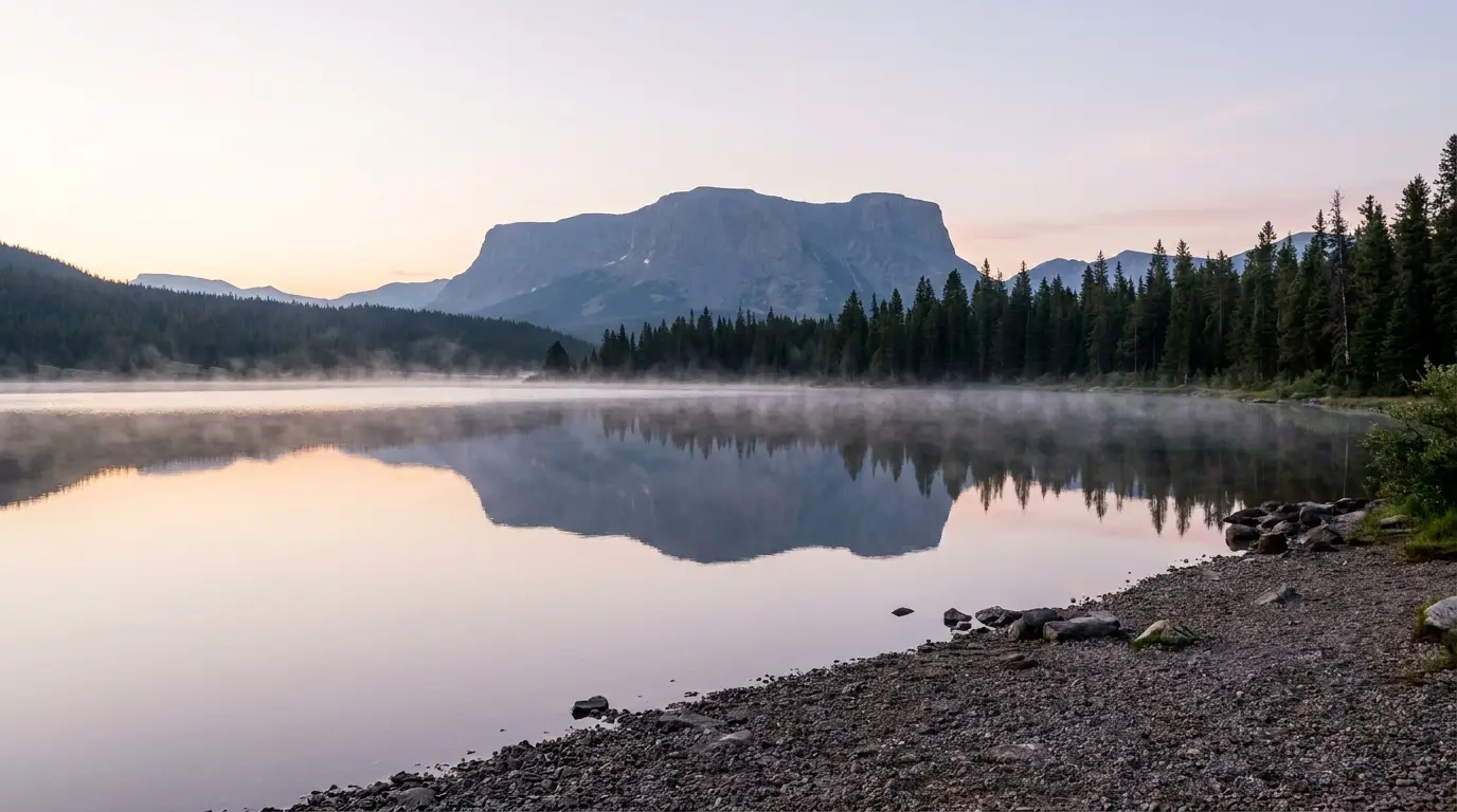 The flat-topped bulk of Squaretop Mountain reflected in the calm surface of a long lake, dark conifer shoreline and a gravel beach in the foreground, soft morning light with mist over the water, Lower Green River Lake Wind River Range Wyoming, ultrarealistic photograph representative of the region