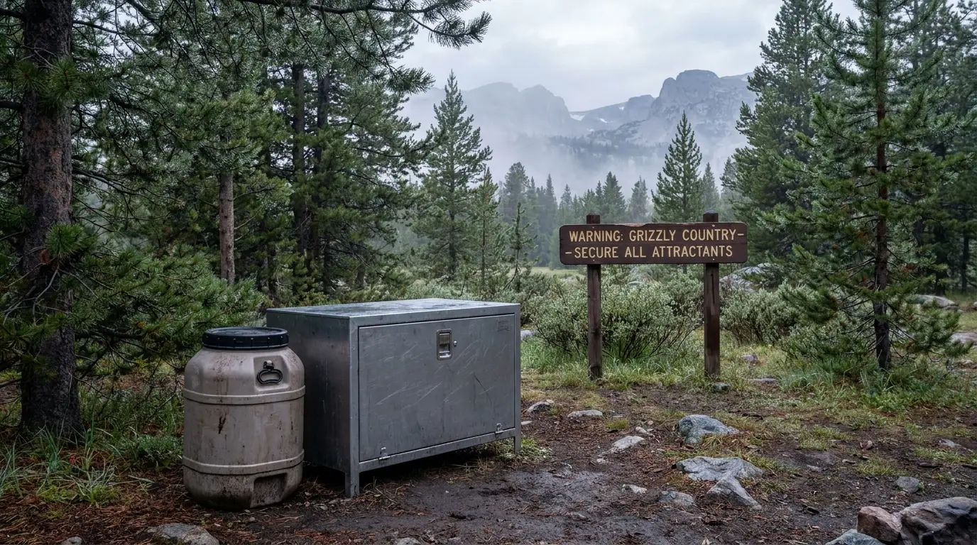 A hard-sided bear canister and a steel bear box at a forest campsite in early morning, dew on the lodgepole pines, grizzly country signage feel, Wind River Range Wyoming, ultrarealistic documentary photograph representative of the region