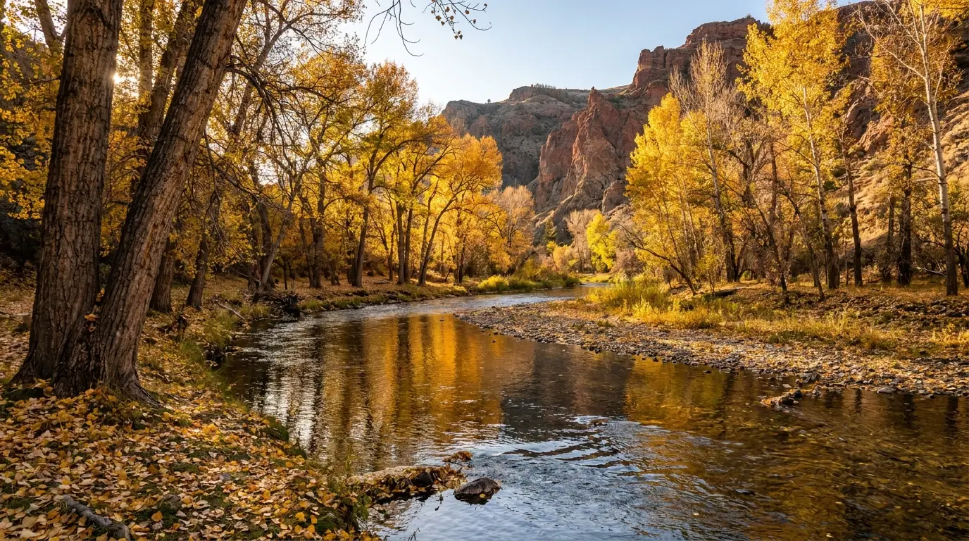 Cottonwoods and aspens turning gold along a clear river below rugged canyon walls, warm low autumn light, quiet, the mouth of Sinks Canyon near Lander Wyoming in fall, ultrarealistic photograph representative of the region