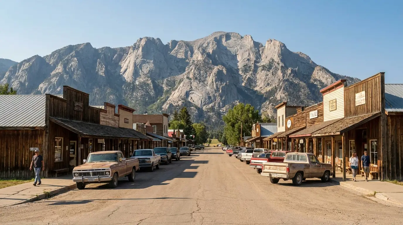 A small western main street with low storefronts, angled-parked pickup trucks, and the grey wall of the Wind River Range rising on the horizon beyond the rooftops, clear summer afternoon light, Pinedale Wyoming, ultrarealistic documentary photograph representative of the region