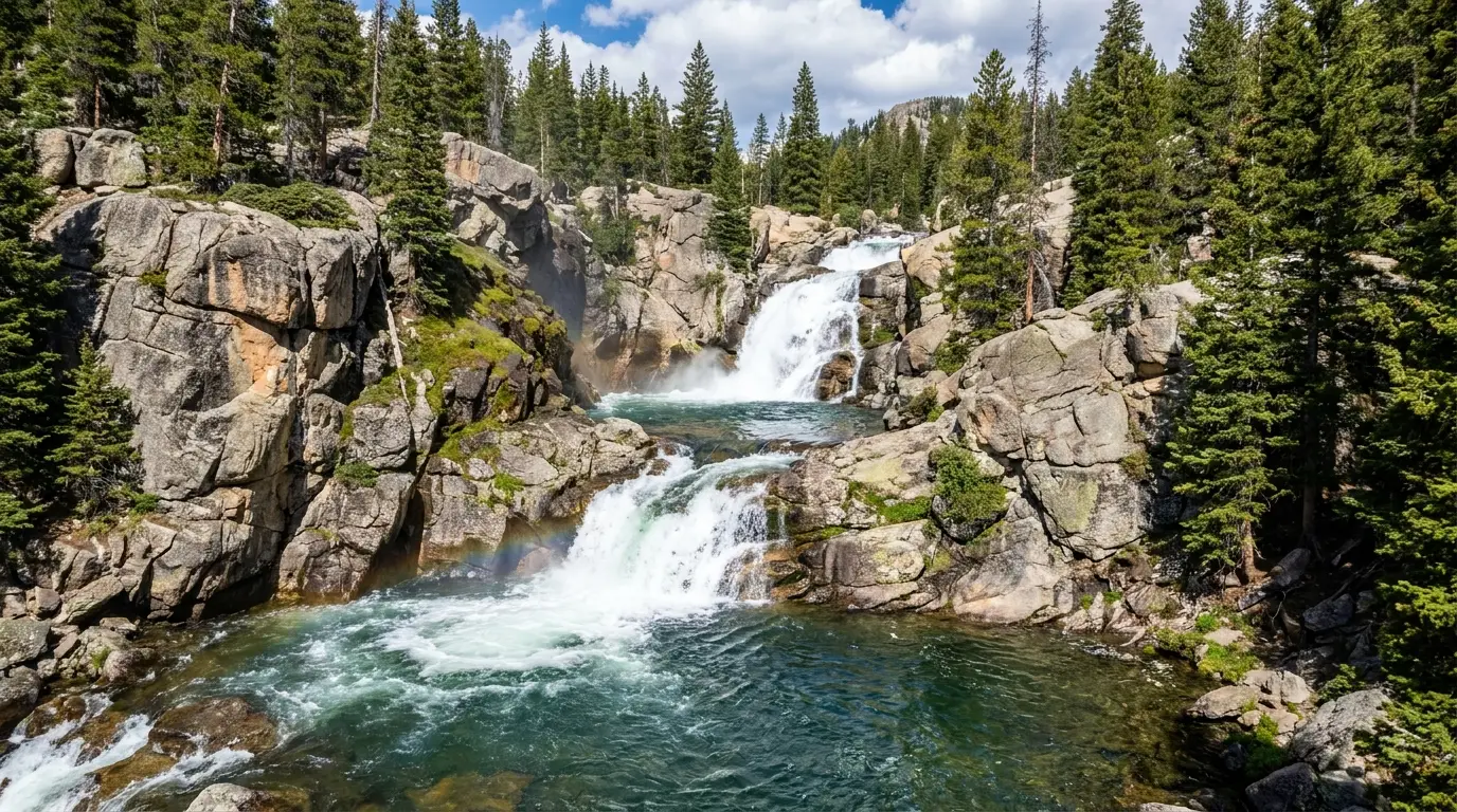 A stepped series of whitewater cascades dropping through a granite gorge lined with pine, spray catching the light, clear pools below, summer, Popo Agie Falls above Sinks Canyon Wyoming, ultrarealistic photograph representative of the region