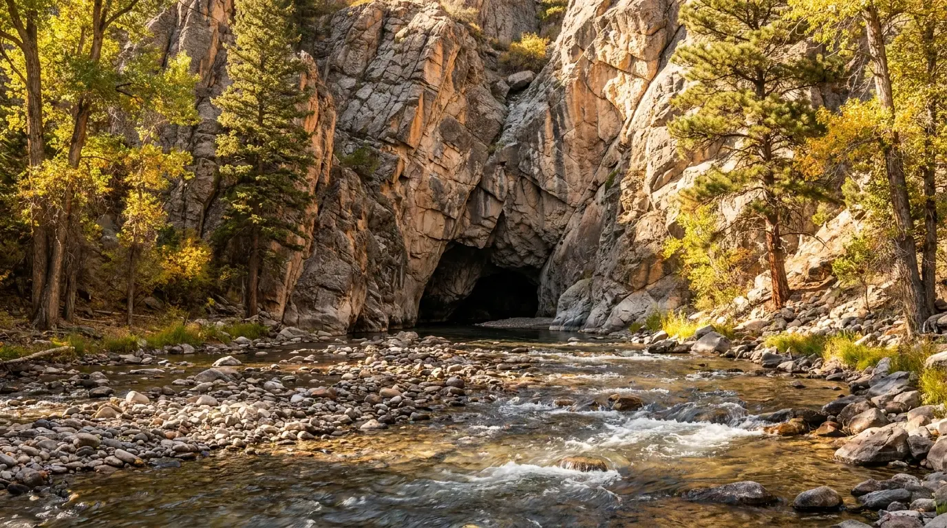 A clear mountain river pouring into the base of a rugged limestone-and-granite canyon wall and disappearing into a dark cavern opening, pine and cottonwood along the banks, warm canyon light, the Sinks at Sinks Canyon near Lander Wyoming, ultrarealistic photograph representative of the region