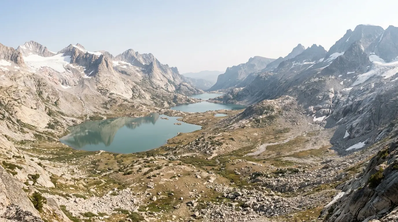 A broad glacially carved basin of pale granite well above treeline, a string of turquoise-grey alpine lakes on the floor, steep serrated peaks with permanent snowfields on both sides, hardy tundra and boulder fields, Titcomb Basin Wind River Range Wyoming, ultrarealistic photograph representative of the region