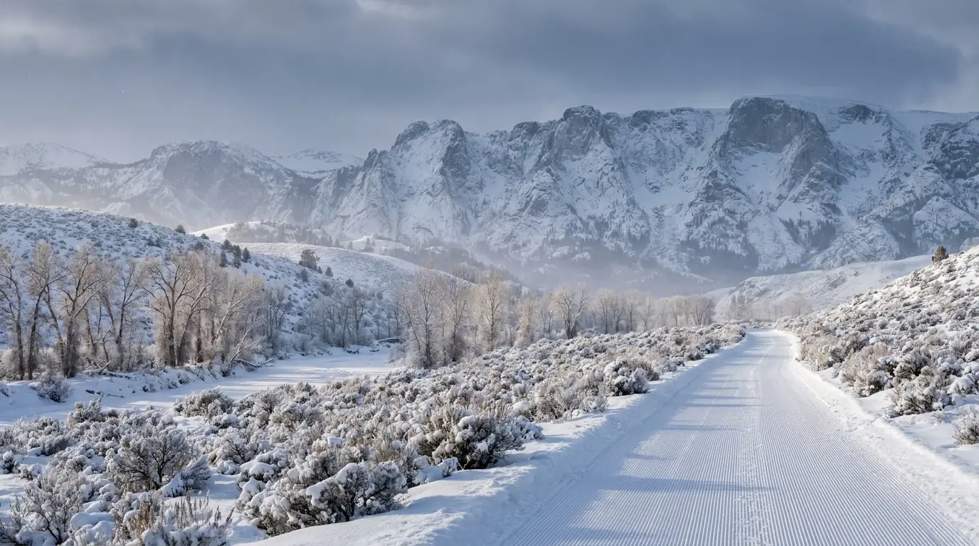 Deep snow over sagebrush foothills with bare cottonwoods and a groomed nordic track leading toward a snow-plastered wall of granite peaks under low winter light, frost haze in the cold air, Wind River Range Wyoming in winter, ultrarealistic photograph representative of the region