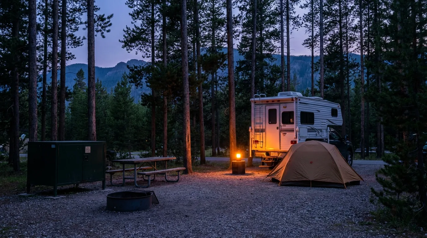 An overland rig with a rooftop tent and awning at a quiet lodgepole-pine campsite with a bear box and picnic table, low golden light through the trees, Yellowstone plateau campground, ultrarealistic photograph representative of the region