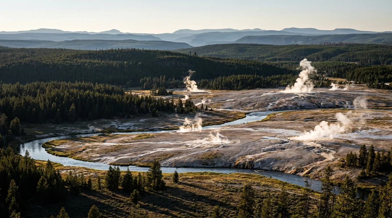 A broad high-elevation valley of steaming thermal ground and lodgepole forest opening toward distant snow-streaked ranges under warm early light, Yellowstone plateau Wyoming, ultrarealistic photograph representative of the region