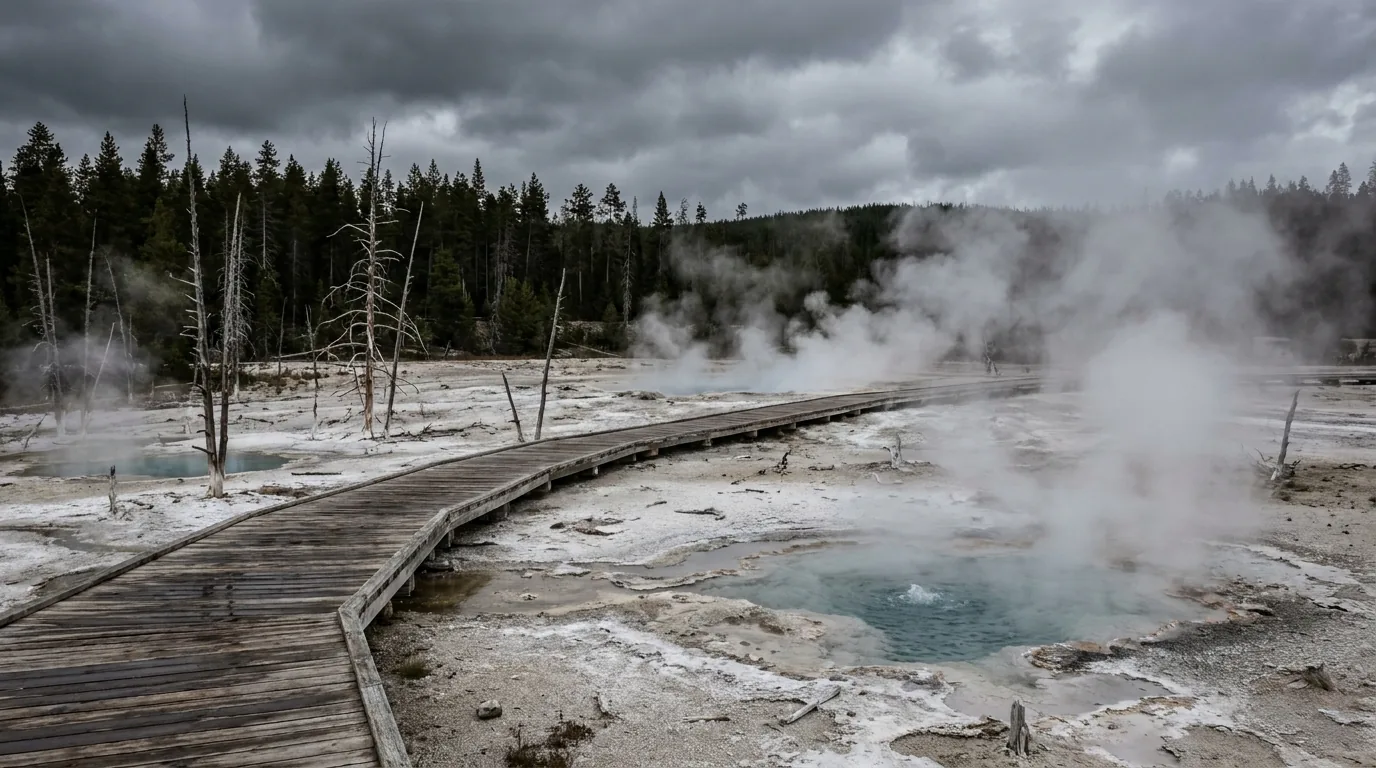 A bleached treeless expanse of pale sinter and steaming fumaroles crossed by boardwalk, with dead standing trees and low ridges beyond under cold morning light, Norris Geyser Basin Yellowstone, ultrarealistic photograph representative of the region