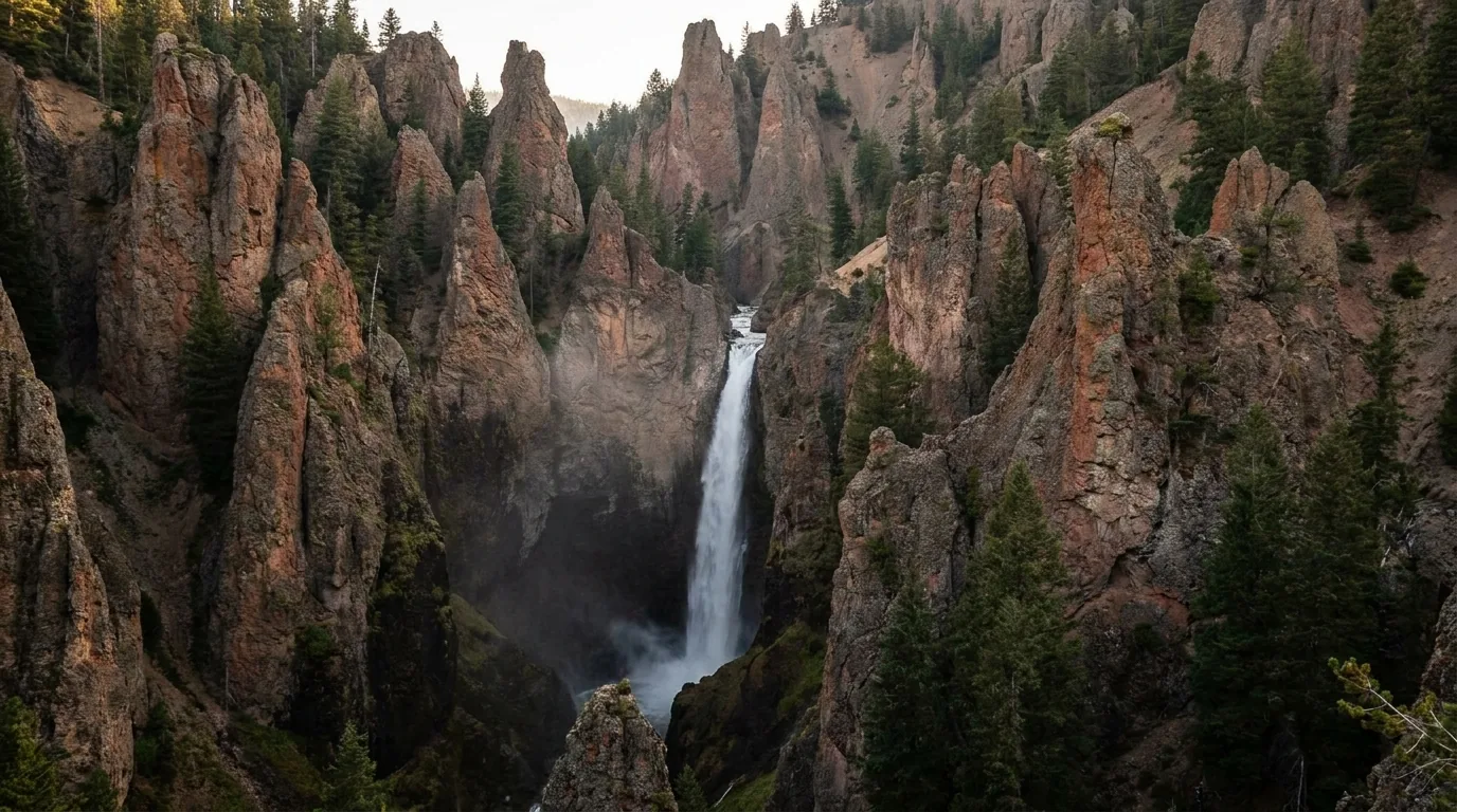 A narrow waterfall dropping over a hundred feet between tall eroded volcanic pinnacles into a forested gorge, columnar basalt cliffs beyond, warm morning light, Tower Fall Yellowstone, ultrarealistic photograph representative of the region