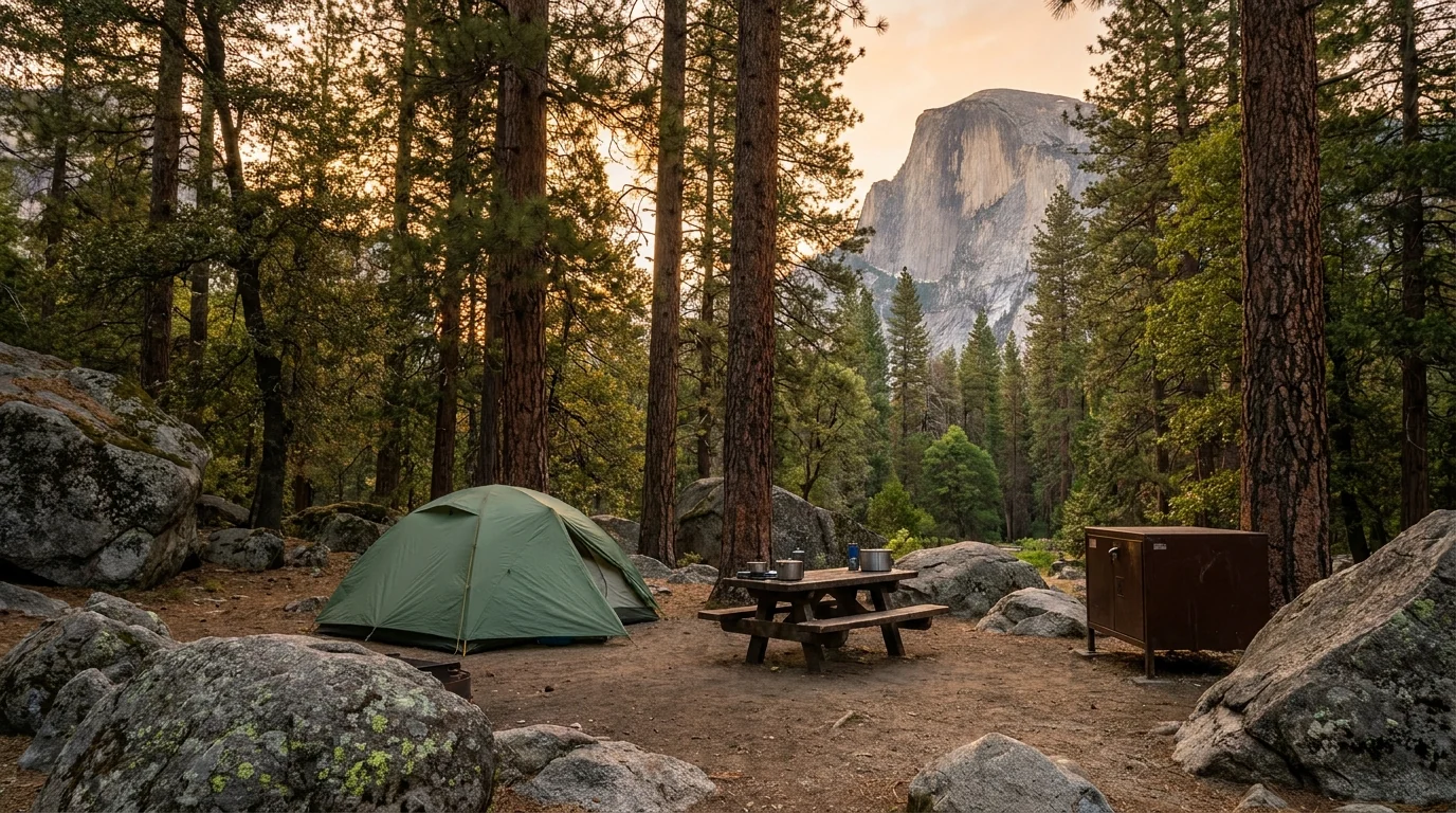 A tent and a camp table set among tall pines and granite boulders with dappled evening light and a granite cliff rising beyond the trees, Yosemite campground California, ultrarealistic photograph representative of the region