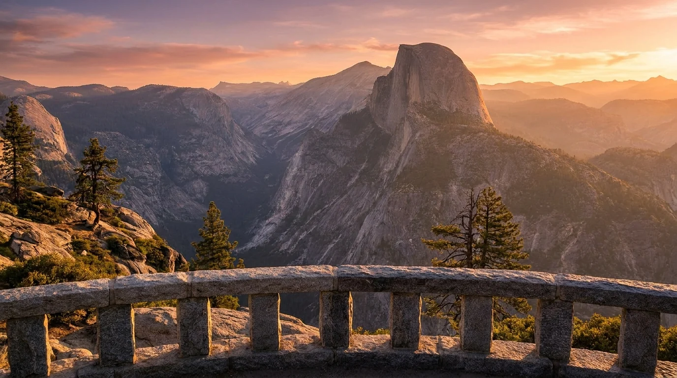 A cliff-edge overlook with a railing looking across a deep granite valley to a huge rounded granite dome and distant high peaks catching warm evening light, Glacier Point Yosemite California, ultrarealistic photograph representative of the region