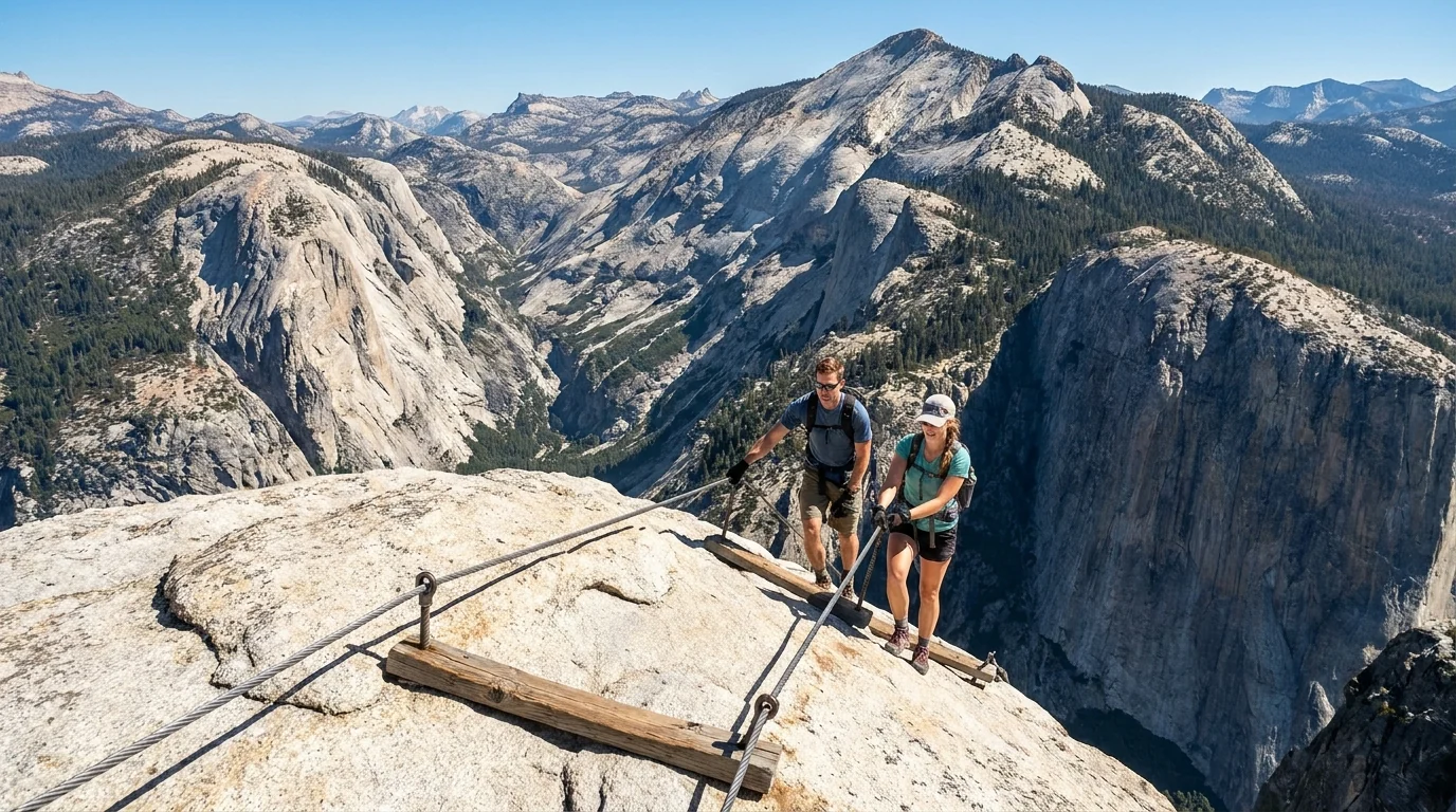 Two steel cables strung up a steep, rounded granite dome with wooden foot boards between them and a few hikers pulling themselves up, a vast drop and distant peaks behind, Half Dome cables Yosemite California, ultrarealistic photograph representative of the region