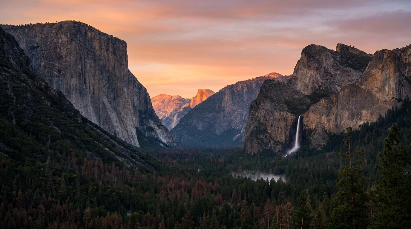 A vast granite valley at sunset with a sheer monolith on the left, a rounded granite dome catching gold light in the distance and a thin high waterfall, forested valley floor below, Yosemite Valley from Tunnel View California, ultrarealistic photograph representative of the region