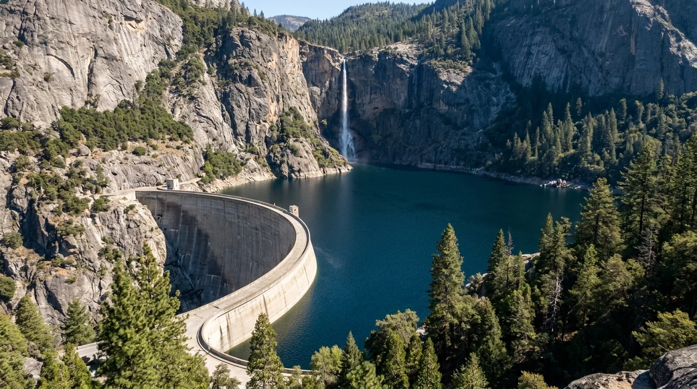 A long curving concrete dam holding back a deep blue reservoir in a granite gorge, a tall thin waterfall dropping down the far wall and forested slopes around, O'Shaughnessy Dam Hetch Hetchy Yosemite California, ultrarealistic photograph representative of the region