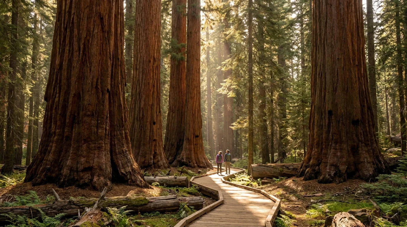 Towering reddish-brown giant sequoia trunks rising far out of frame in a sun-dappled forest, a boardwalk trail and small human figures dwarfed at the base, Mariposa Grove Yosemite California, ultrarealistic photograph representative of the region