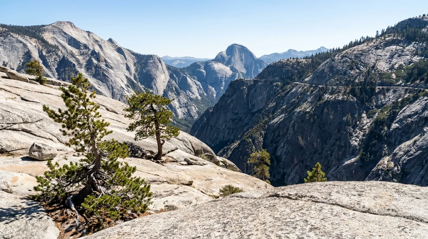 A sweeping viewpoint of bare glacier-polished granite domes and slabs with scattered wind-bent pines, a distant rounded dome and canyon beyond under clear high light, Olmsted Point Tioga Road Yosemite California, ultrarealistic photograph representative of the region