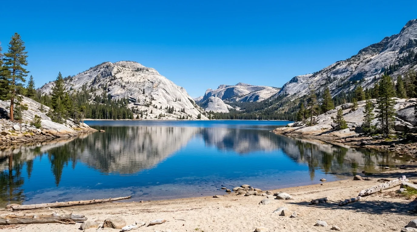 A clear blue alpine lake ringed by pale granite slabs and domes with scattered pines and a sandy shore in the foreground under a bright sky, Tenaya Lake Tioga Road Yosemite California, ultrarealistic photograph representative of the region