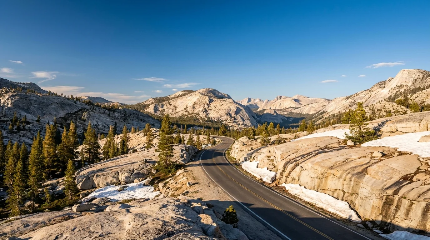 A two-lane paved road winding through open high-country granite and lodgepole pine toward distant pale domes and peaks under a wide blue sky, patches of snow on the slabs, Tioga Road high Sierra Yosemite California, ultrarealistic photograph representative of the region