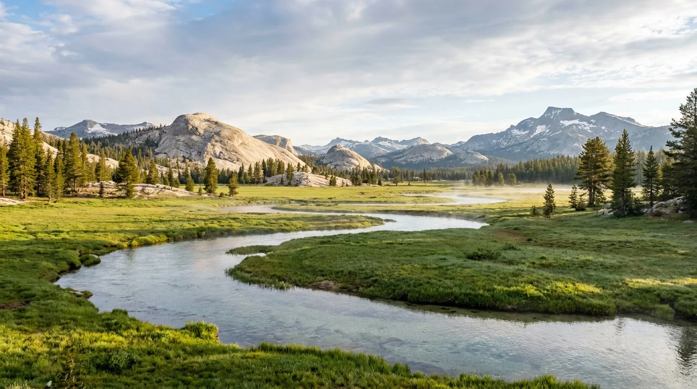 A wide green subalpine meadow braided by a slow clear river, surrounded by pale granite domes and distant peaks under a big sky, scattered pines, Tuolumne Meadows Yosemite California, ultrarealistic photograph representative of the region