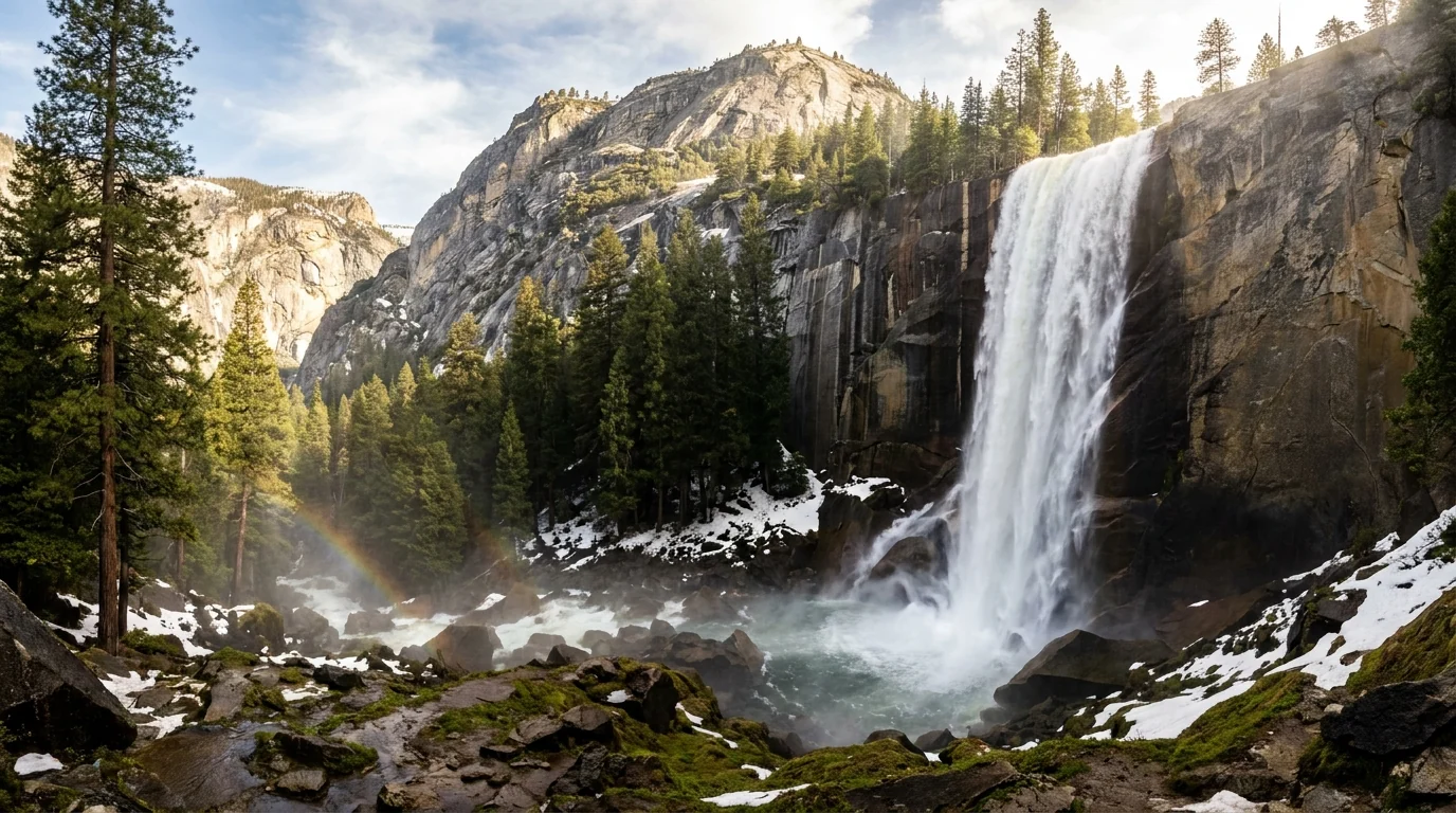 A very tall multi-tier waterfall pouring down a dark granite cliff into a misty pool with pines below and a granite valley wall, spring snowmelt flow, Yosemite Falls California, ultrarealistic photograph representative of the region
