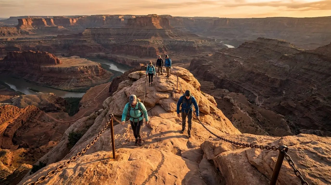 A narrow rock fin trail with support chains climbing a steep exposed sandstone ridge high above a canyon floor, hikers ascending, warm light, Angels Landing Zion National Park Utah, ultrarealistic photograph representative of the region
