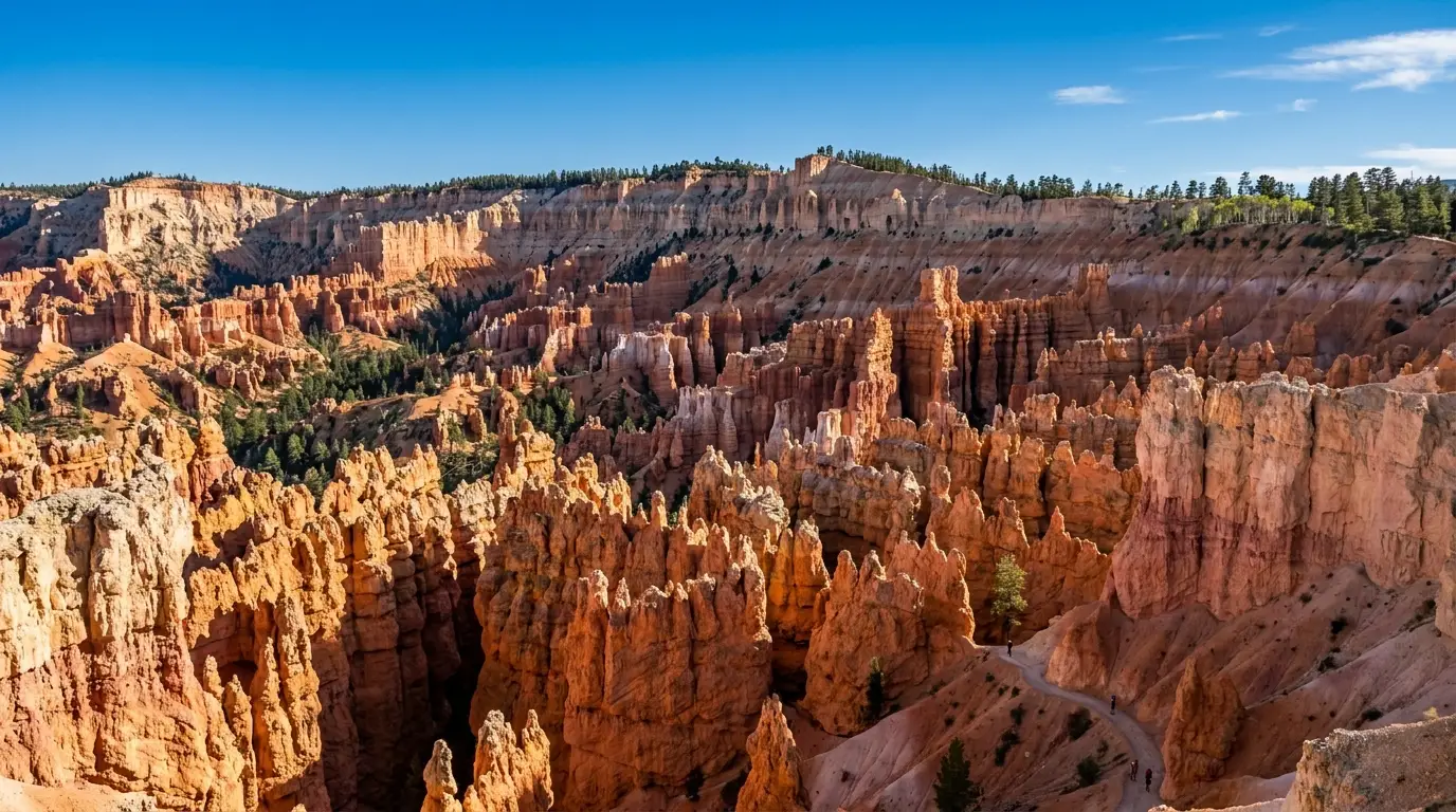 A vast amphitheater of thousands of orange and cream rock spires and hoodoos below a forested rim under a bright sky, warm light, Bryce Canyon National Park Utah, ultrarealistic photograph representative of the region