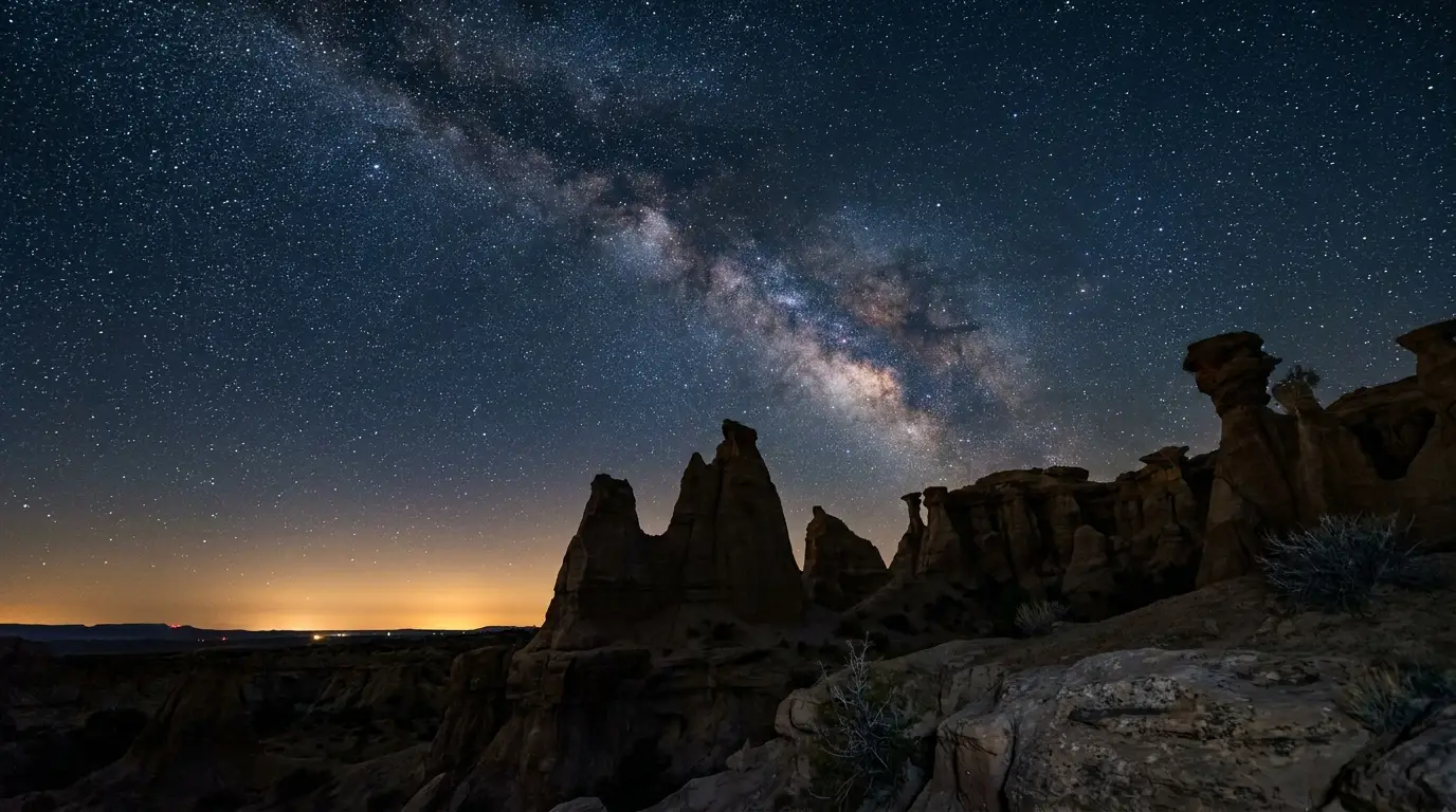 The Milky Way arching over silhouetted rock spires and hoodoos with a faint glow on the horizon and a dense starfield, Bryce Canyon Utah at night, ultrarealistic photograph representative of the region