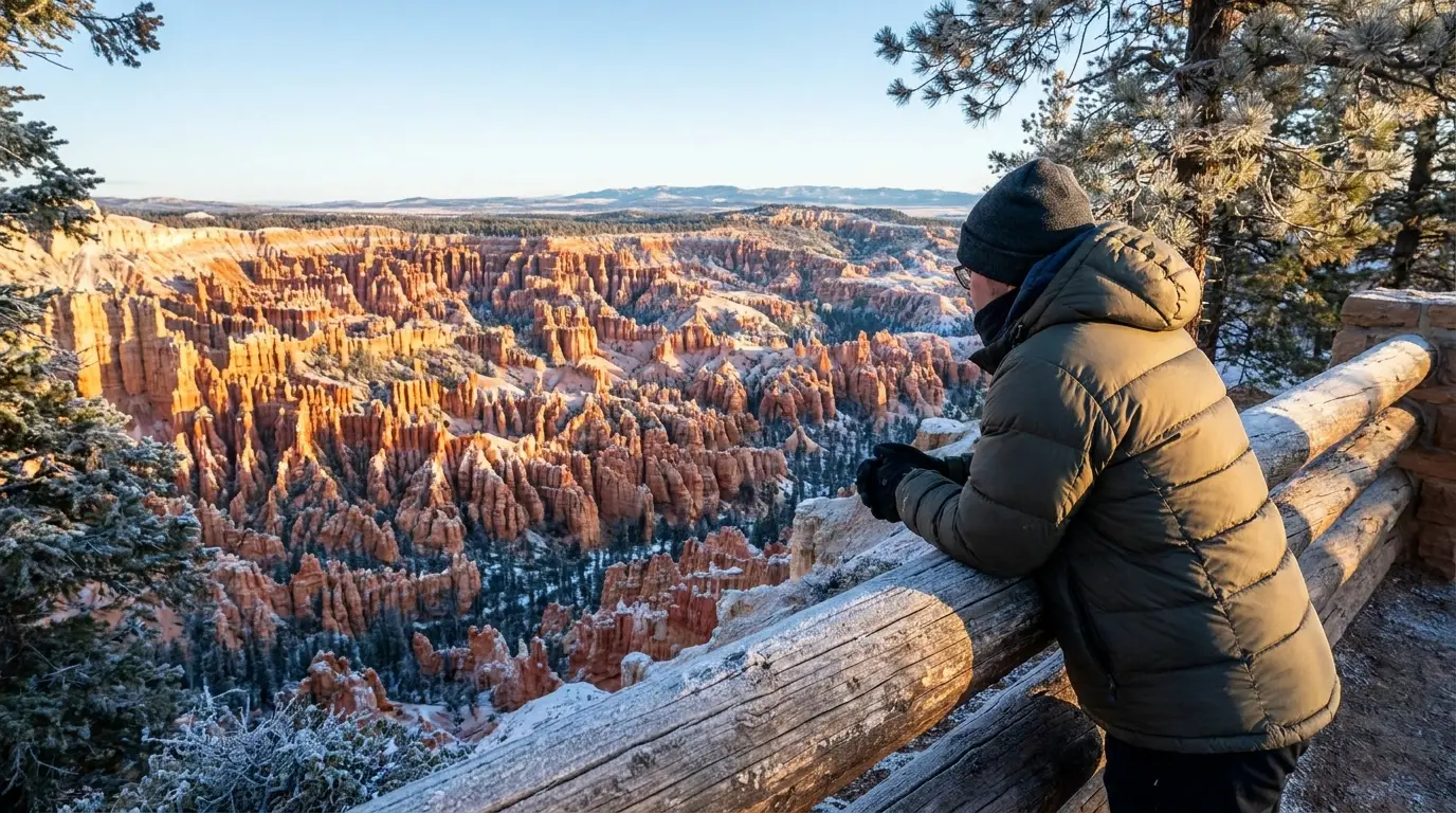 First light striking a vast field of orange rock spires from a forested rim overlook with long shadows and a person watching, cold clear morning, Bryce Canyon National Park Utah, ultrarealistic photograph representative of the region