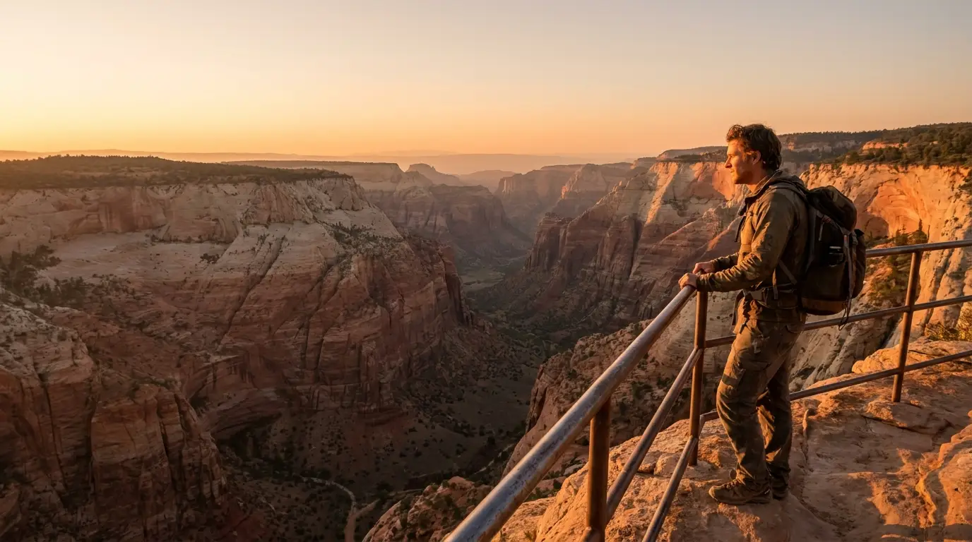 A person standing on a rock ledge looking down a vast curving canyon of red and white cliffs from a high viewpoint, warm afternoon light, Zion National Park Utah, ultrarealistic photograph representative of the region