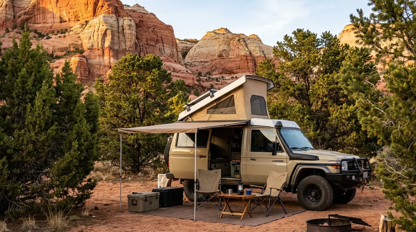A camper van and rooftop-tent rig parked at a campsite among junipers and pinyon pines beneath red sandstone cliffs at golden hour, near Zion Utah, ultrarealistic photograph representative of the region