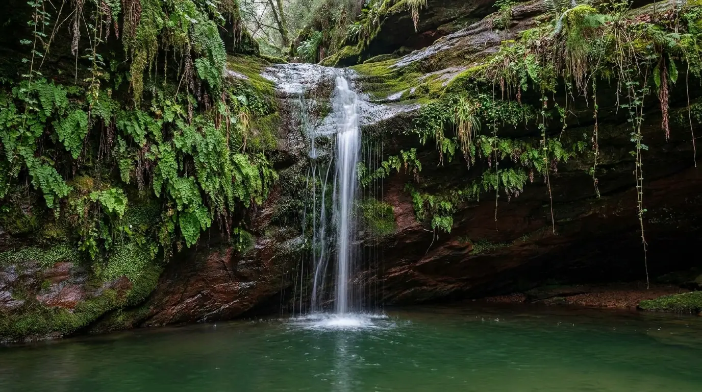 A thin seep waterfall dropping over a red sandstone overhang into a green pool surrounded by hanging gardens and ferns, cool shaded light, Emerald Pools Zion National Park Utah, ultrarealistic photograph representative of the region