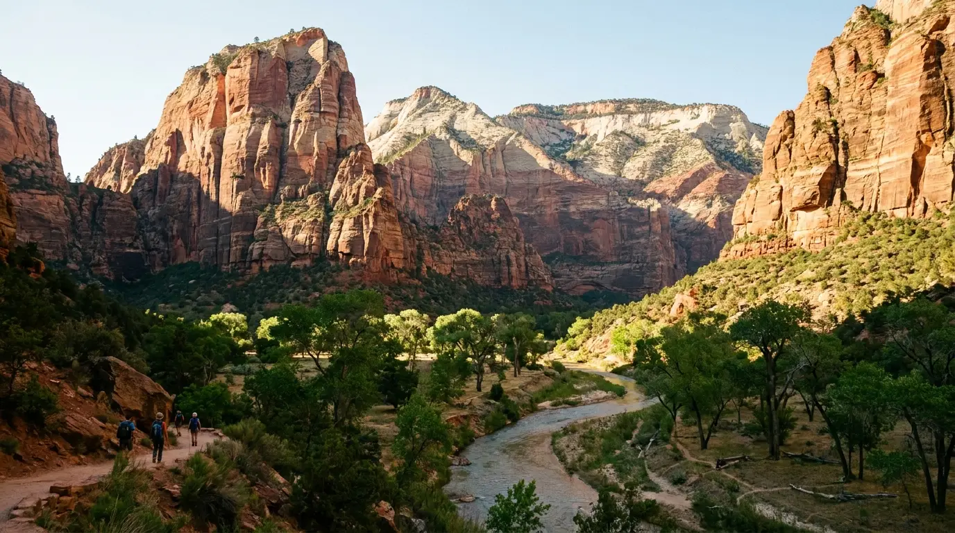 A towering red-and-cream sandstone canyon with sheer walls rising from a green cottonwood valley and a river, warm morning light, Zion National Park Utah, ultrarealistic photograph representative of the region