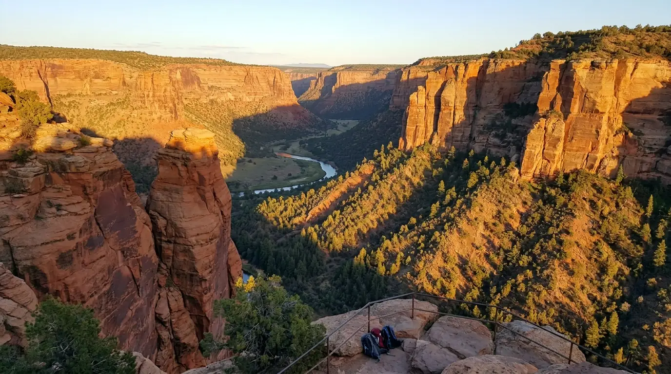 Deep red finger canyons and sheer cliff walls glowing at day's end above a forested valley, seen from a quiet scenic overlook, Kolob Canyons Zion National Park Utah, ultrarealistic photograph representative of the region