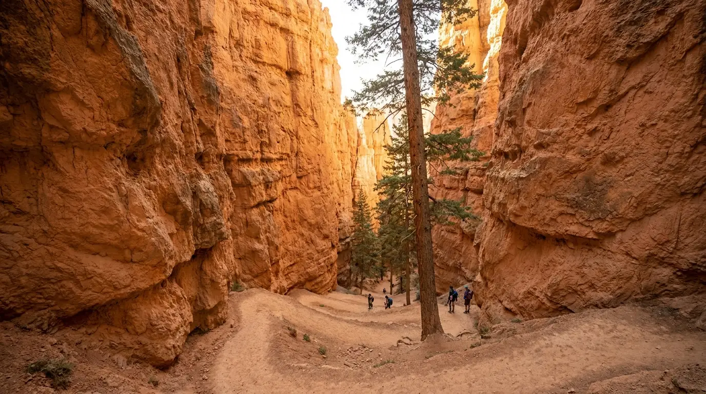 A steep switchback trail descending between towering narrow rock walls with a tall pine growing from the canyon floor, warm filtered light, Wall Street Navajo Loop Bryce Canyon Utah, ultrarealistic photograph representative of the region