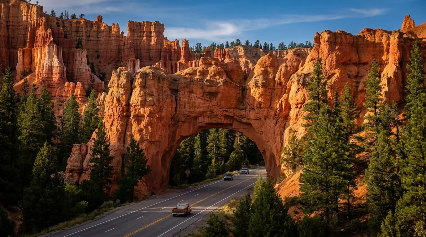 A two-lane highway passing beneath a natural red rock arch tunnel with vivid vermilion hoodoos and pines crowding the roadside, warm daylight, Red Canyon Dixie National Forest Utah, ultrarealistic photograph representative of the region