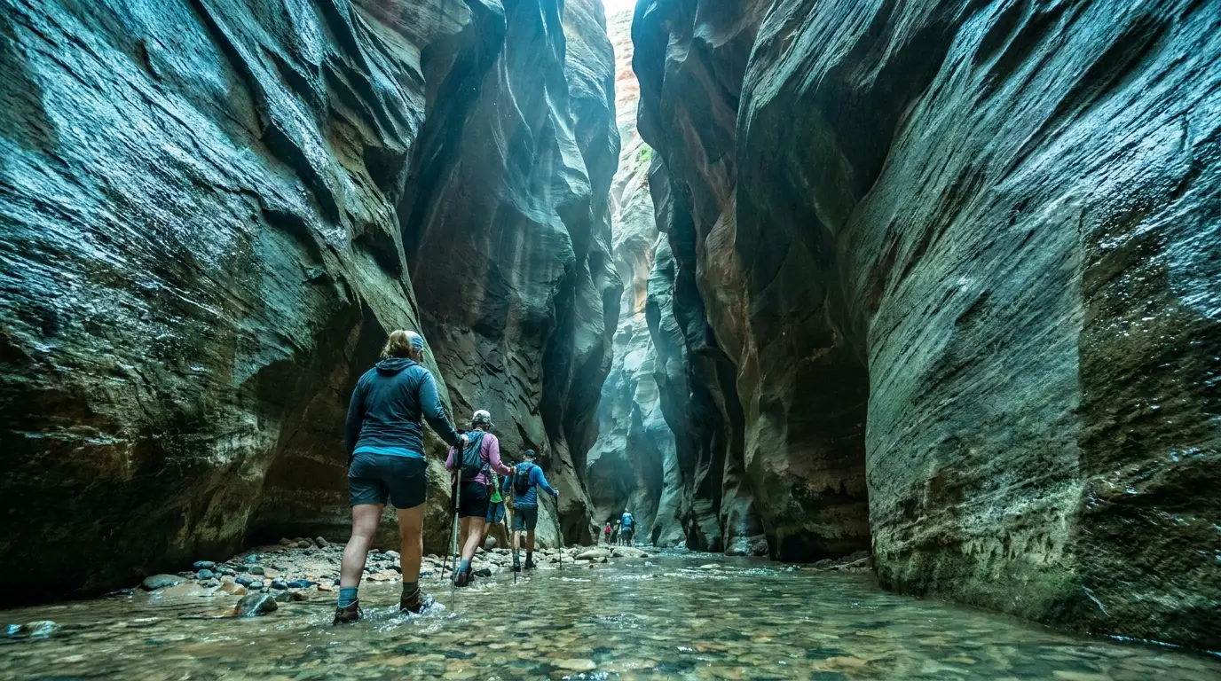 Hikers wading a shallow river between sheer thousand-foot sandstone walls that nearly meet overhead, cool filtered light, The Narrows Zion National Park Utah, ultrarealistic photograph representative of the region