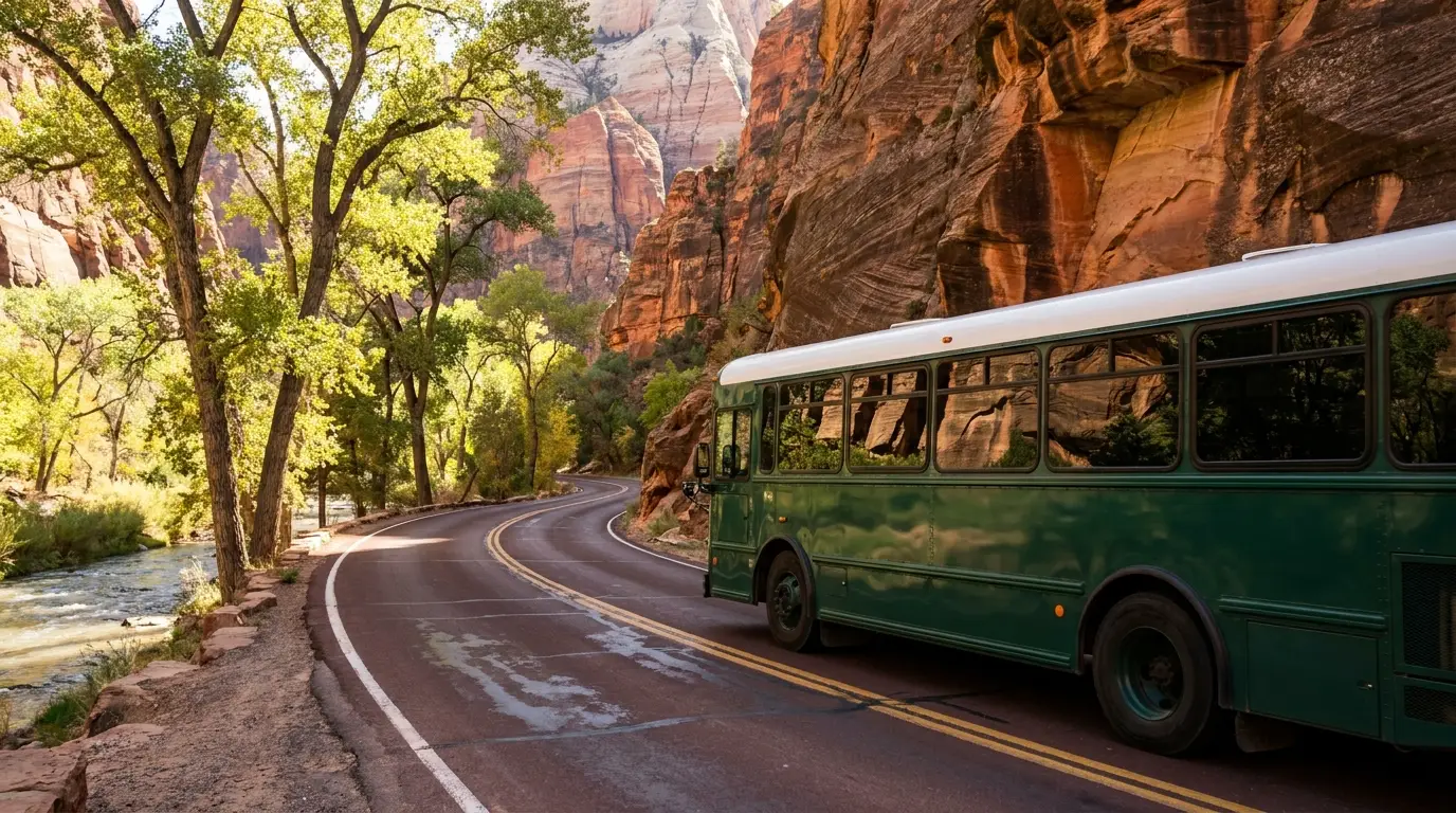 A green park shuttle bus on a canyon road beneath immense striped sandstone cliffs with cottonwoods and a river alongside, warm daylight, Zion Canyon Utah, ultrarealistic photograph representative of the region