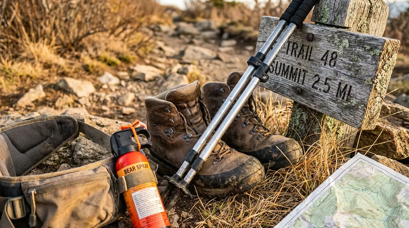Close-up of a hiker's boots and trekking poles on a rocky mountain trail beside a weathered wooden trail marker, with a canister of bear spray clipped to a hip belt and the corner of a paper topo map visible in golden light.