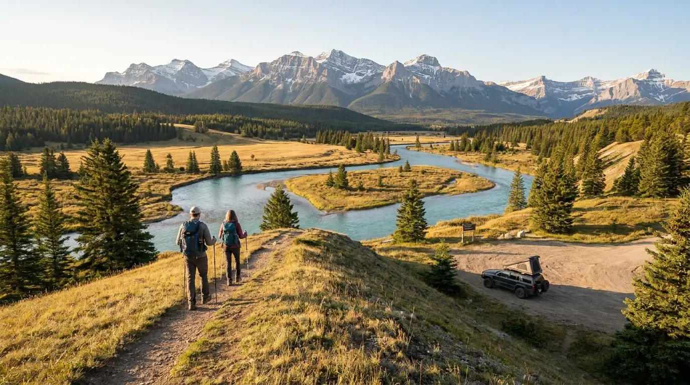 Two hikers with day packs on a quiet ridge trail in the Kootenay Plains along the David Thompson Highway, golden grass meadows and scattered pines with rugged limestone peaks behind and a turquoise river valley below, an overland rig at a small trailhead pullout.