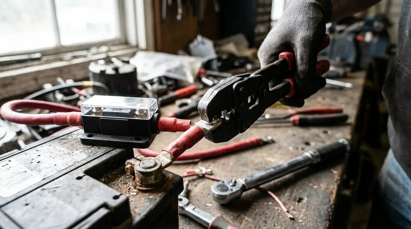 Close-up of a hand crimping a heavy-gauge red battery cable onto a lug terminal beside an inline ANL fuse holder mounted near a battery terminal, showing clean wiring and a torque wrench.