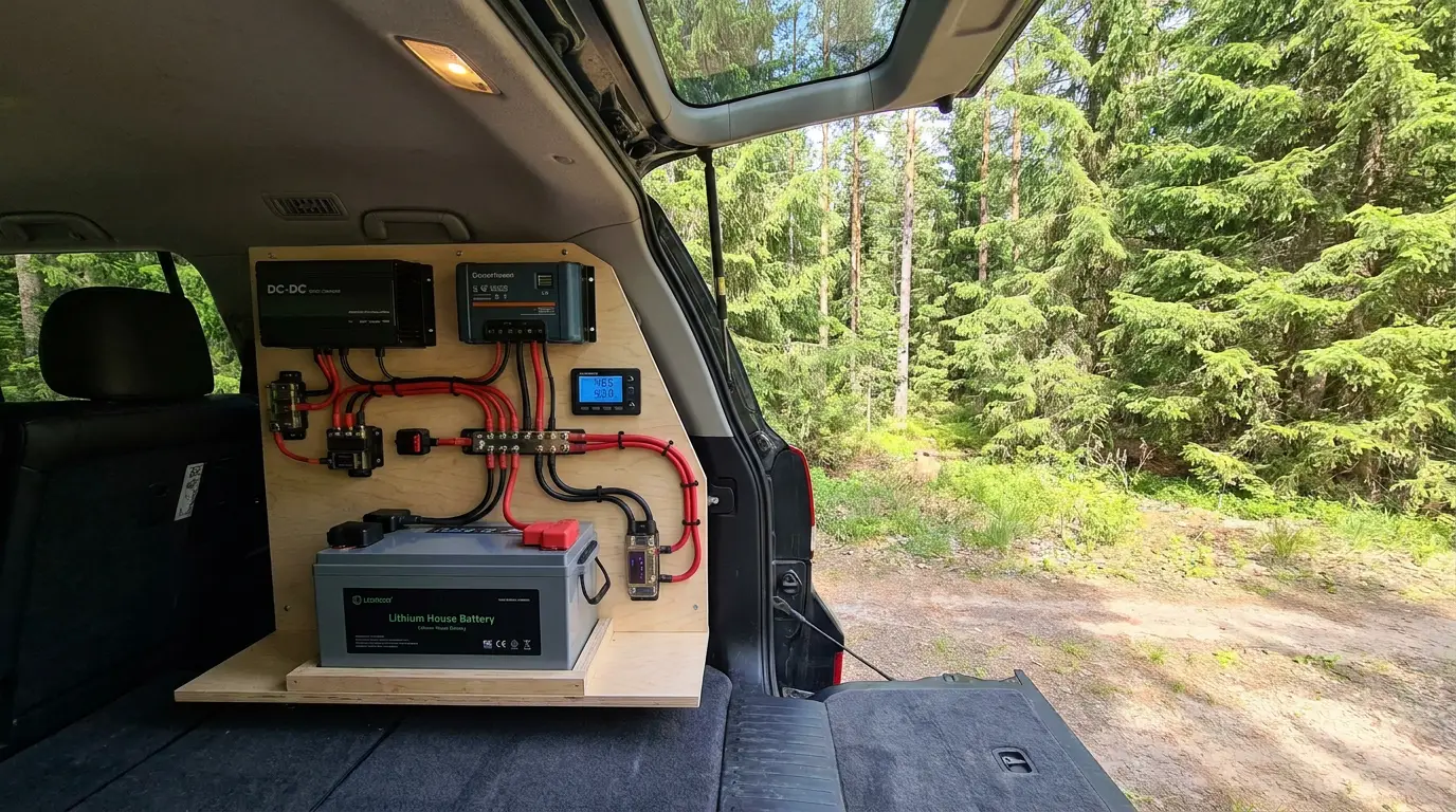 A tidy dual-battery electrical setup in the cargo area of an overland 4x4, showing a lithium house battery, a DC-DC charger on a plywood panel, fused red and black wiring to a busbar, and a monitor display, with forest visible through the open tailgate.