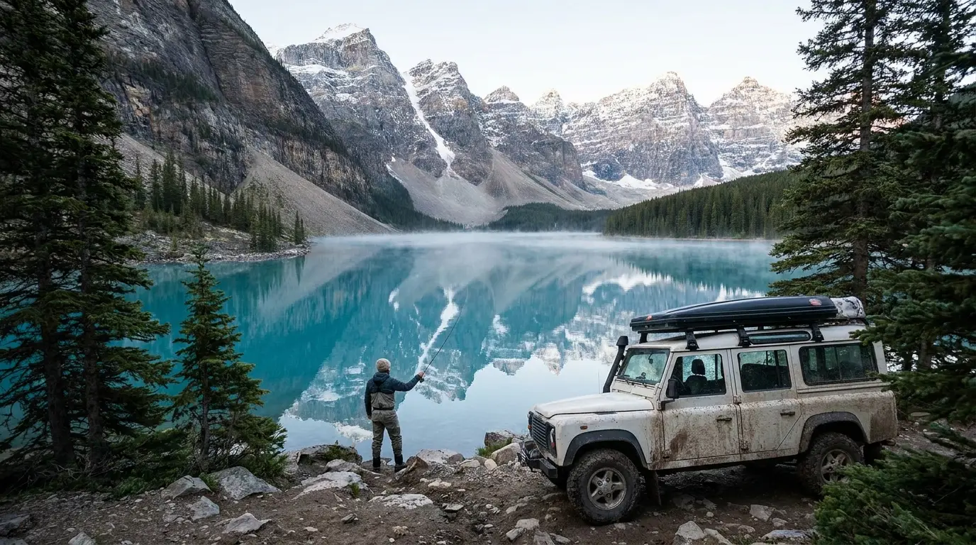 A lone angler casting a spinning rod into a still, crystal-clear turquoise alpine lake in the Canadian Rockies, snow-streaked peaks reflected in the water and a 4x4 overland rig parked at the trailhead in the pines.