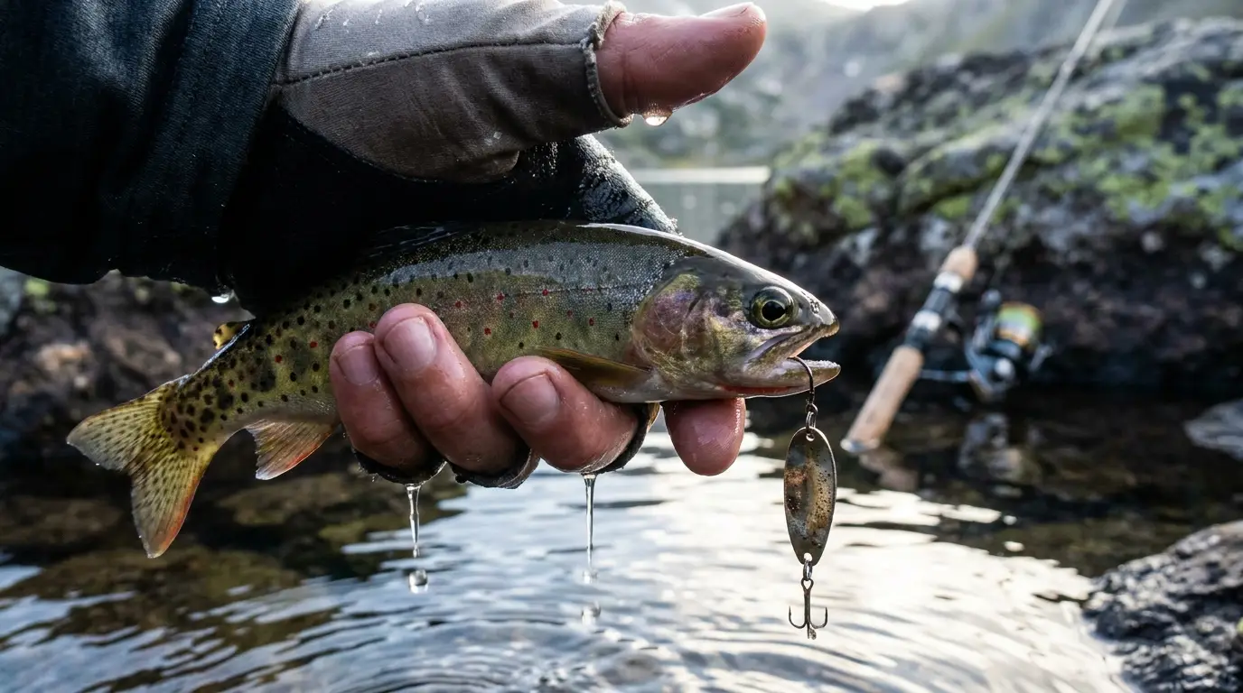 A wet hand holding a small wild cutthroat trout just above the surface of a clear alpine lake, a barbless spoon lure in the corner of its mouth and a packable spinning rod resting on rocks in the background.