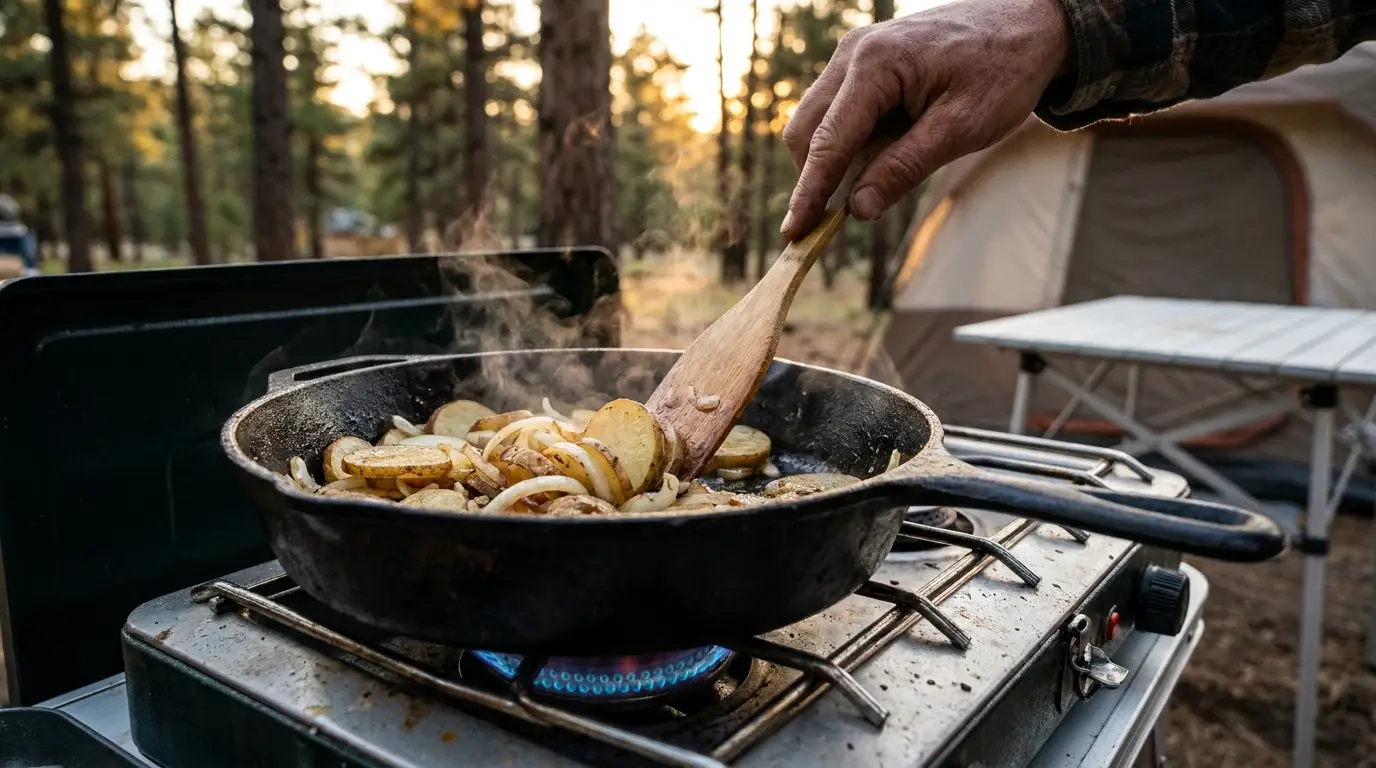Close-up of a seasoned cast iron pan sizzling with onions and sliced potatoes over the blue flame of a two-burner propane camp stove, steam rising, a hand holding a wooden spatula, warm golden light.